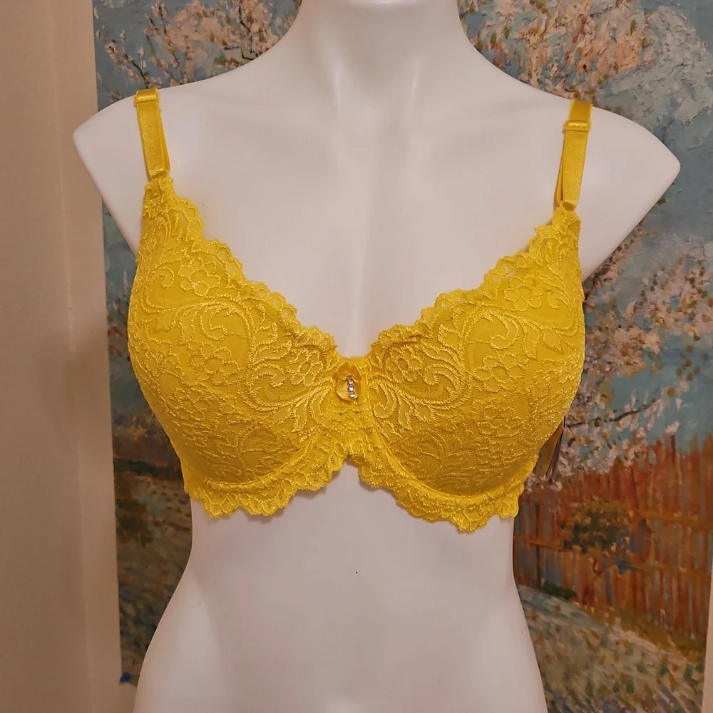 38D Smart & Sexy Lace Bra Set - Pink and Yellow Pushup Underwire - Picture 5 of 9
